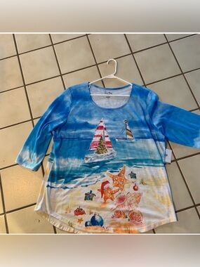 Coral Bay Blue Beach Holiday Sailboat Tunic Top NWT